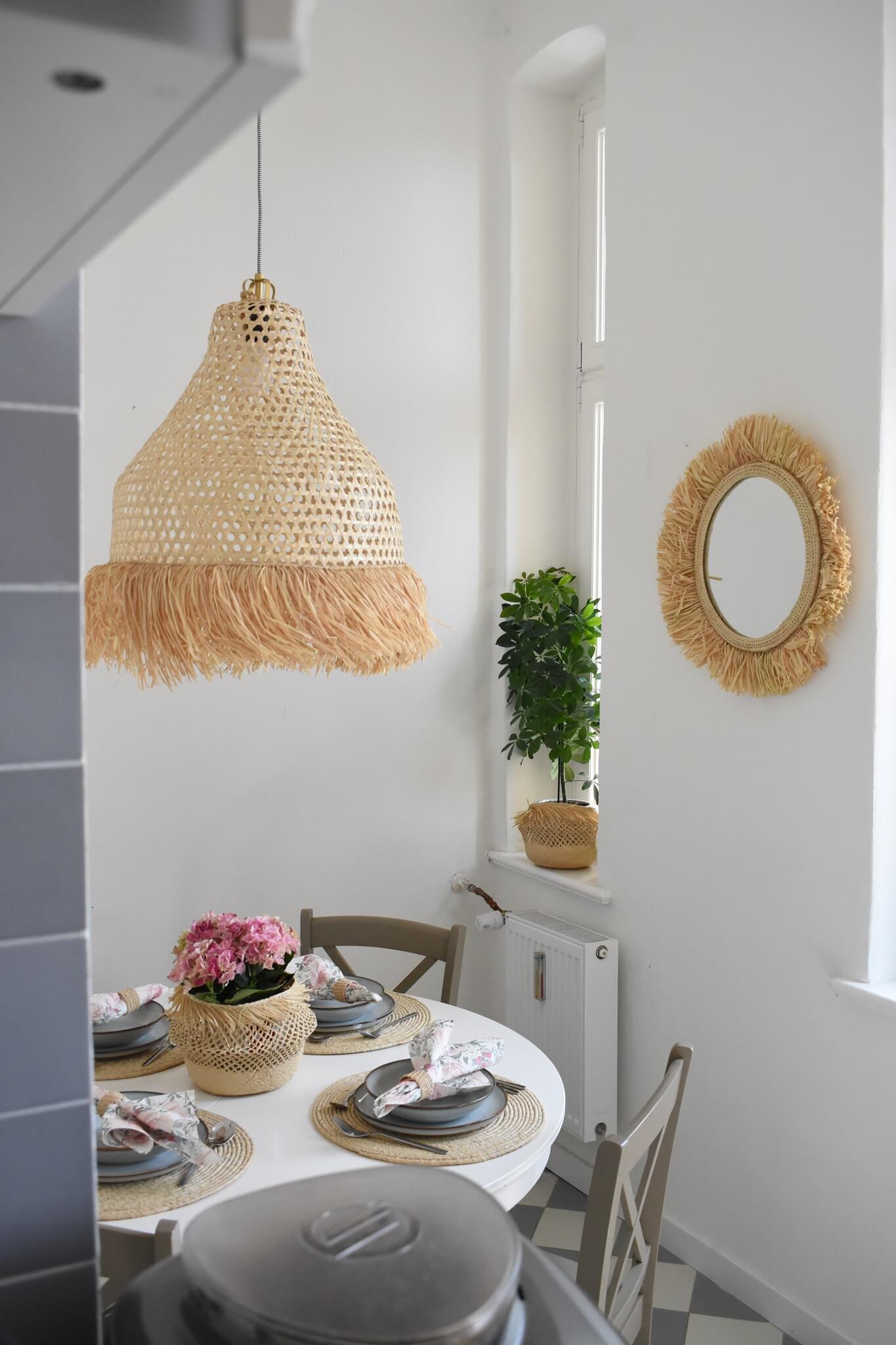 Lustro SŁONECZNIK śr.60 cm, duże lustro w stylu boho, naturalne, ręcznie plecione z rafii, beżowe