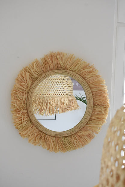 Lustro SŁONECZNIK śr.60 cm, duże lustro w stylu boho, naturalne, ręcznie plecione z rafii, beżowe