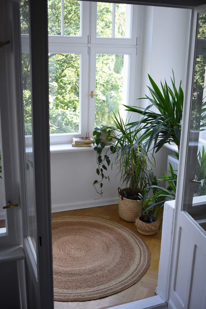 Duży okrągły dywan VOATAVO śr.150 cm naturalny, pleciony z rafii, boho