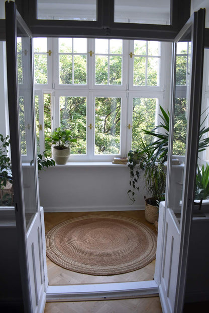 Duży okrągły dywan VOATAVO śr.150 cm naturalny, pleciony z rafii, boho