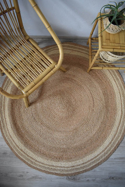 Duży okrągły dywan VOATAVO śr.150 cm naturalny, pleciony z rafii, boho