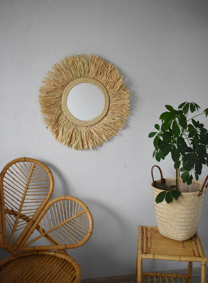 Lustro MLECZYK śr.60 cm, lustro w stylu boho, naturalne, ręcznie plecione z rafii, beżowe
