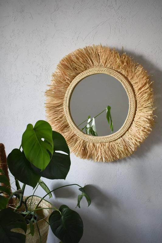 Lustro SŁONECZNIK śr.60 cm, duże lustro w stylu boho, naturalne, ręcznie plecione z rafii, beżowe