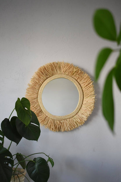 Lustro SŁONECZNIK śr.60 cm, duże lustro w stylu boho, naturalne, ręcznie plecione z rafii, beżowe